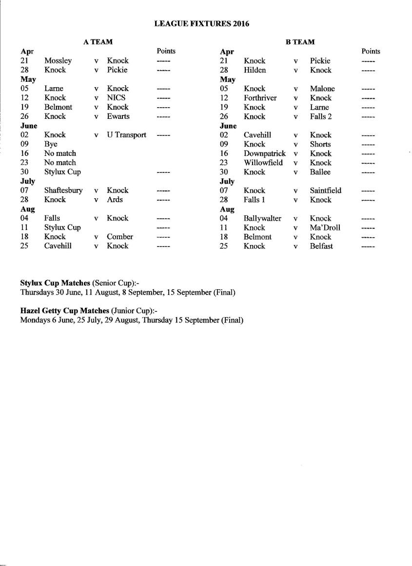 Knocl ladies fixtures 2016